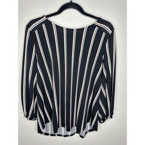 Adrianna Papell Blouse Womens Large Black White Stripe 3/4 Sleeve Elastic Cuffs